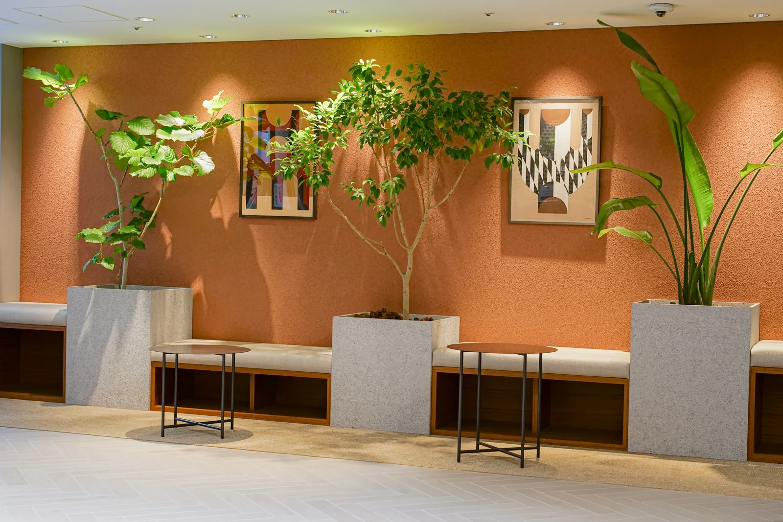 観葉植物が並ぶ東京支店のラウンジ
