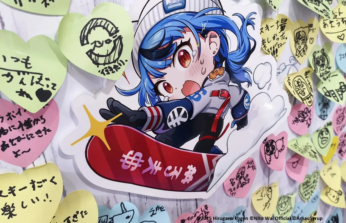 コラボイベント会場でファンのメッセージに囲まれたキャラクターパネル